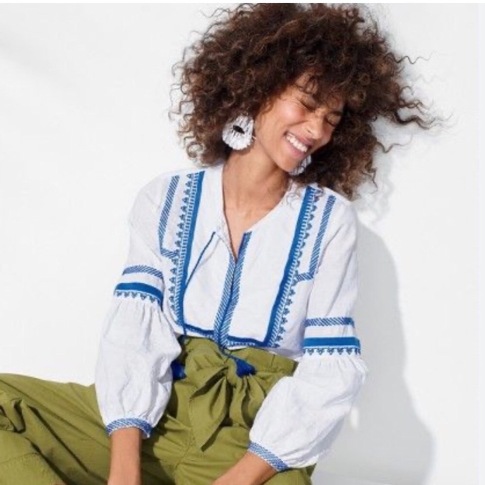Embroidered linen-cotton top Blouse